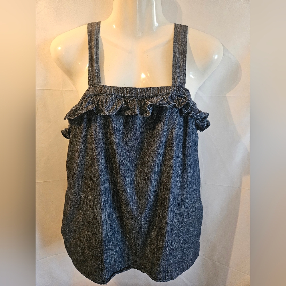 J.Crew Chambray Ruffle Strap Tank Top Cotton Blue Cottagecore Size 2